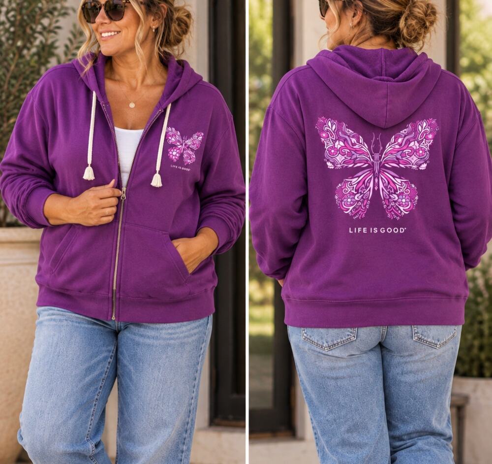 Life is Good Full Zip Hoodie Purple Butterfly Graphic Sweatshirt Womens XL
